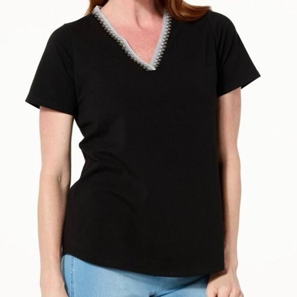 NWT DG2 Short Sleeve V Neck T-shirt With Crocheted Neckline Size Large - Picture 2 of 11